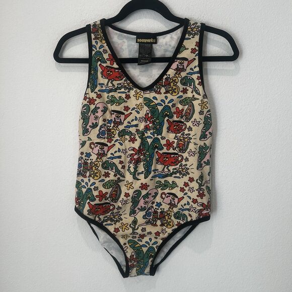 Nooworks Vivienne Bug Out Bodysuit Sz M Whimsical Aga Giecko Art Preppy Quirky - Picture 1 of 7